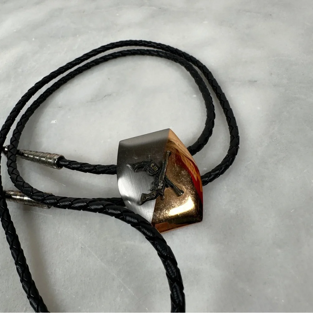 Bolo tie pistol western cowboy Black‎ Silver leather gun revolver braided gold